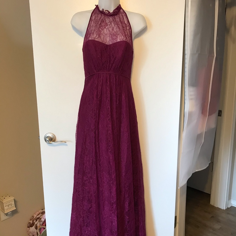 berry colored halter dress with lace overlay
